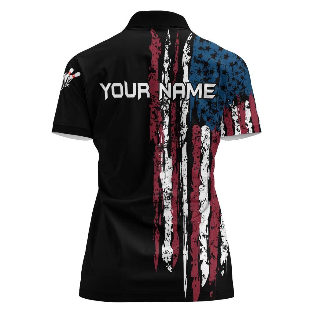 Distressed American Flag Women Polo Shirt with Bowling Pins and Ball Vertical Stripe Design - Wonder Print Shop