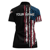 Distressed American Flag Women Polo Shirt with Bowling Pins and Ball Vertical Stripe Design - Wonder Print Shop