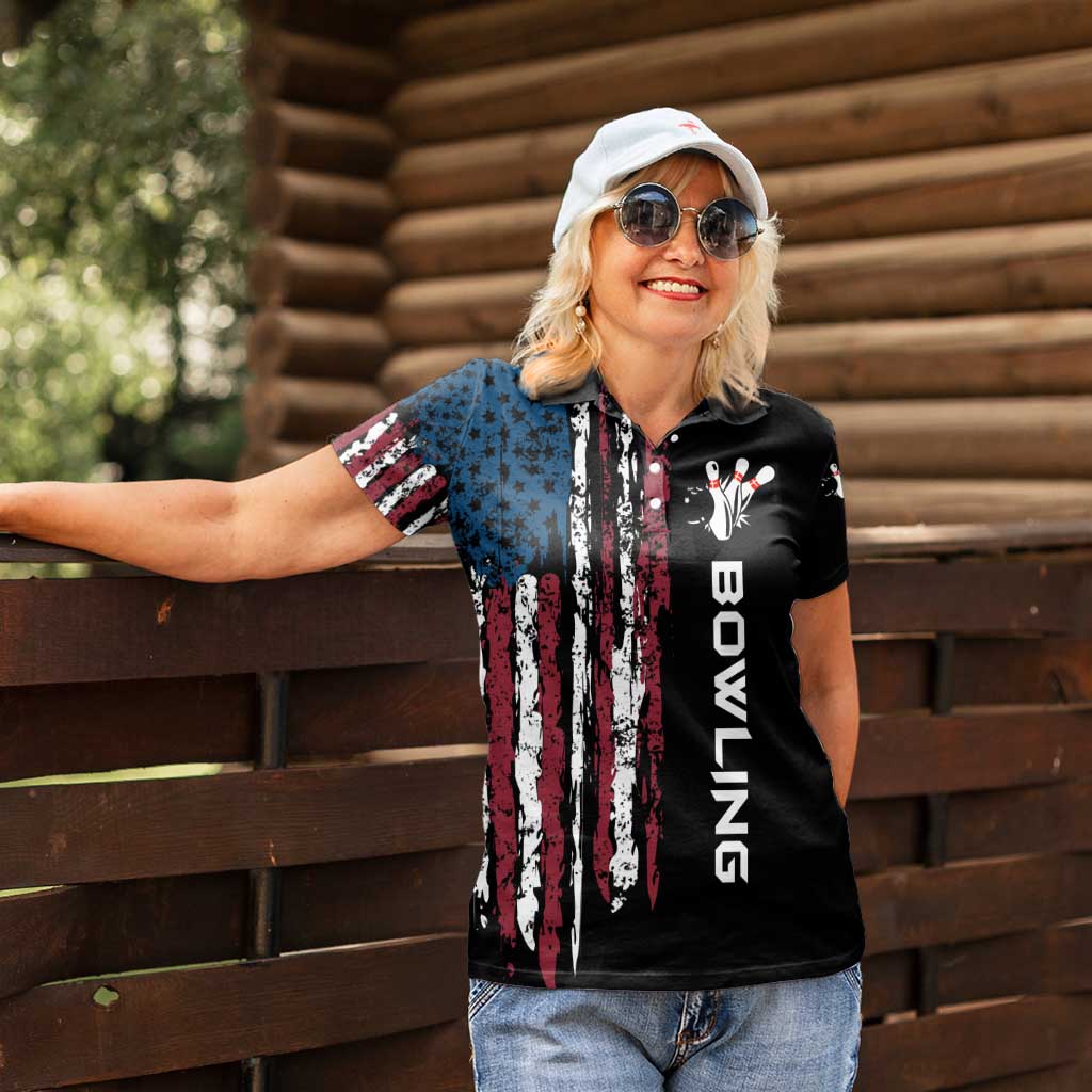 Distressed American Flag Women Polo Shirt with Bowling Pins and Ball Vertical Stripe Design - Wonder Print Shop