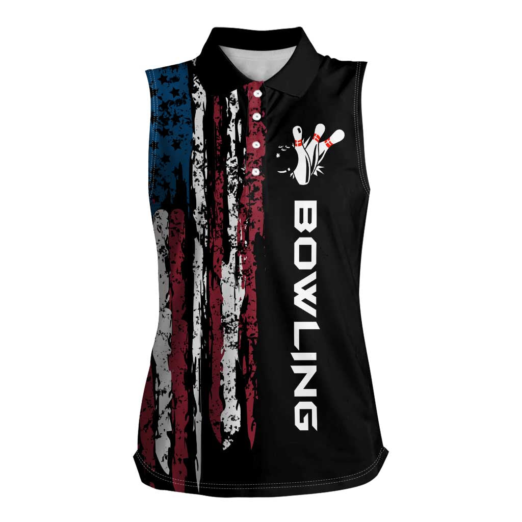 Distressed American Flag Women Sleeveless Polo Shirt with Bowling Pins and Ball Vertical Stripe Design - Wonder Print Shop