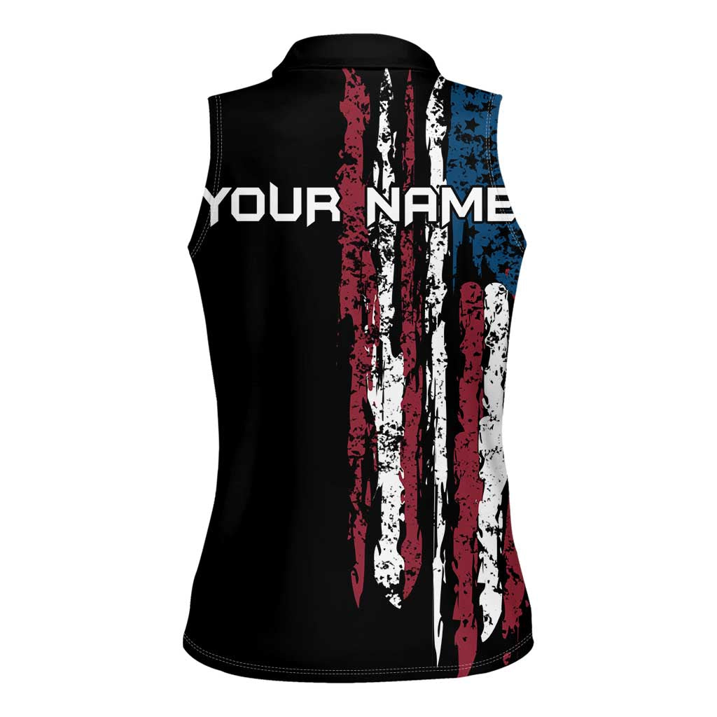 Distressed American Flag Women Sleeveless Polo Shirt with Bowling Pins and Ball Vertical Stripe Design - Wonder Print Shop
