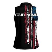 Distressed American Flag Women Sleeveless Polo Shirt with Bowling Pins and Ball Vertical Stripe Design - Wonder Print Shop