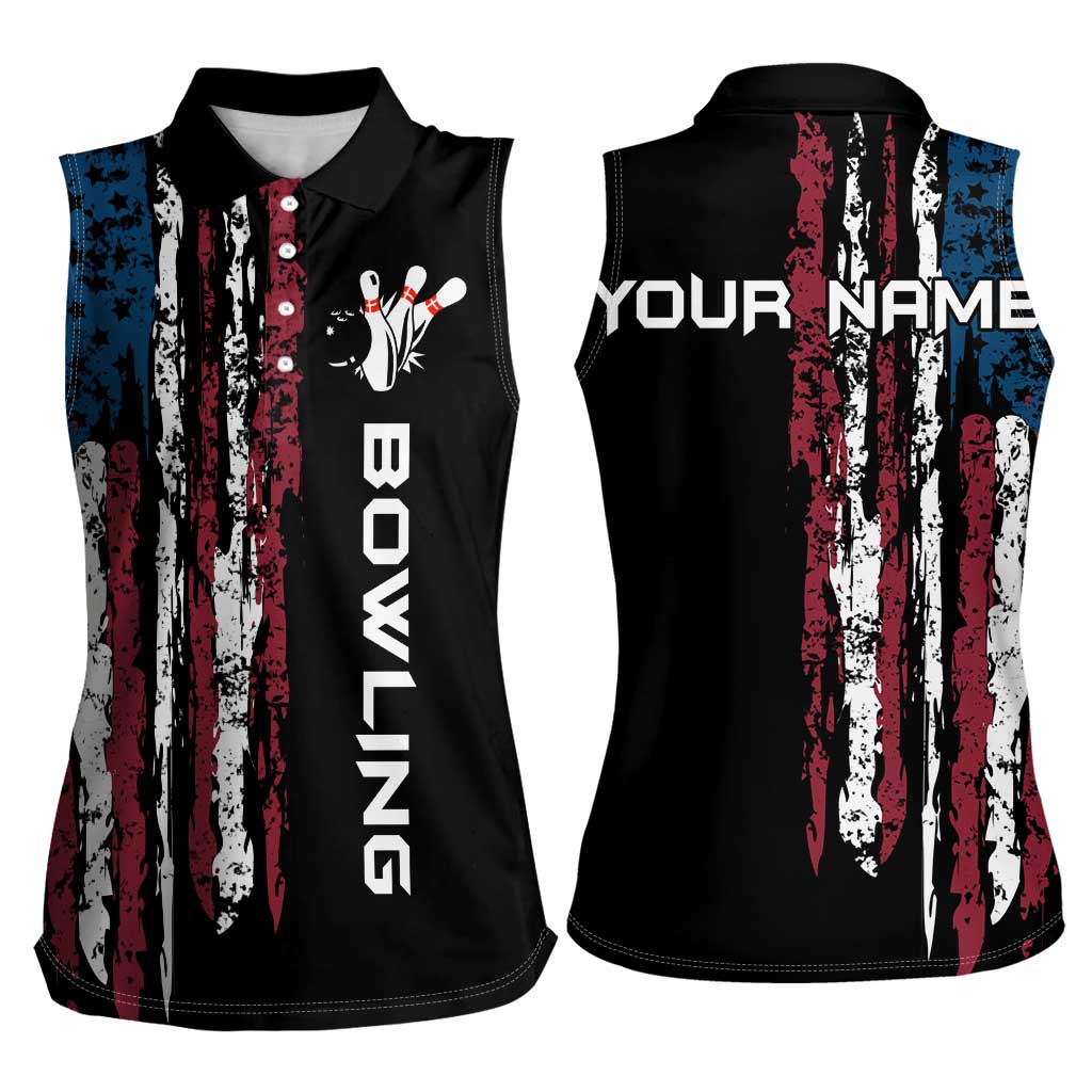 Distressed American Flag Women Sleeveless Polo Shirt with Bowling Pins and Ball Vertical Stripe Design - Wonder Print Shop