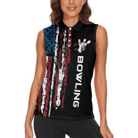 Distressed American Flag Women Sleeveless Polo Shirt with Bowling Pins and Ball Vertical Stripe Design - Wonder Print Shop