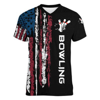 Distressed American Flag Women V-Neck T-Shirt with Bowling Pins and Ball Vertical Stripe Design - Wonder Print Shop