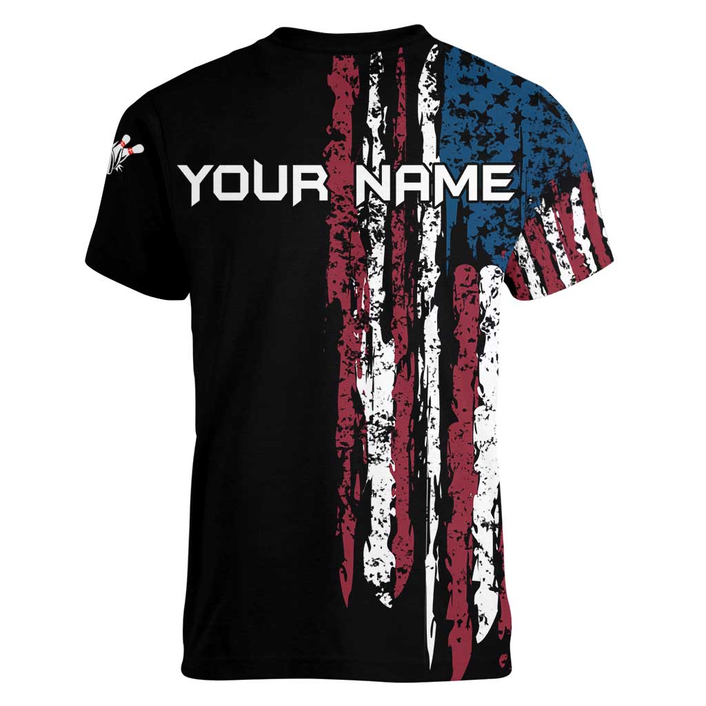 Distressed American Flag Women V-Neck T-Shirt with Bowling Pins and Ball Vertical Stripe Design - Wonder Print Shop