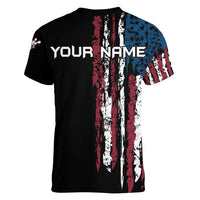 Distressed American Flag Women V-Neck T-Shirt with Bowling Pins and Ball Vertical Stripe Design - Wonder Print Shop