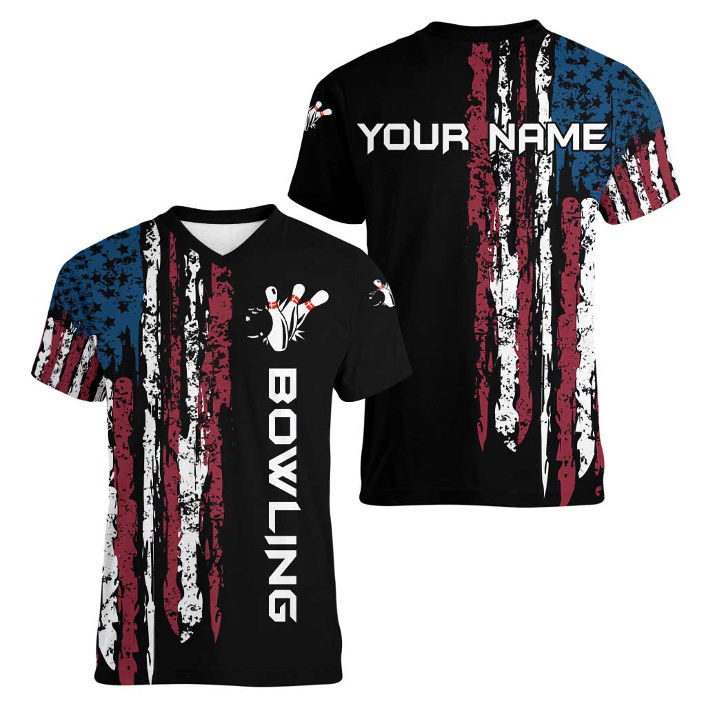 Distressed American Flag Women V-Neck T-Shirt with Bowling Pins and Ball Vertical Stripe Design - Wonder Print Shop