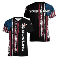 Distressed American Flag Women V-Neck T-Shirt with Bowling Pins and Ball Vertical Stripe Design - Wonder Print Shop