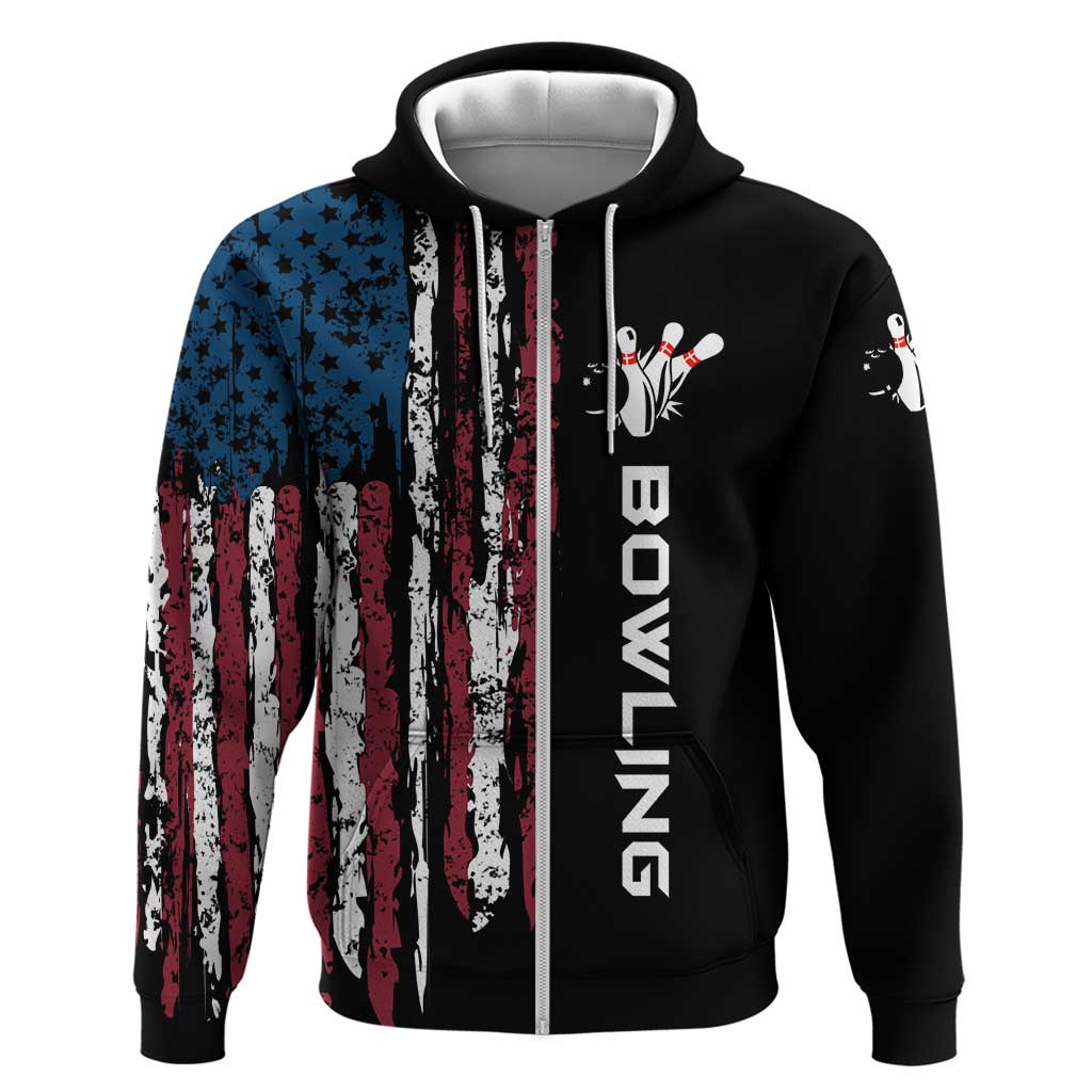 Distressed American Flag Zip Hoodie with Bowling Pins and Ball Vertical Stripe Design - Wonder Print Shop