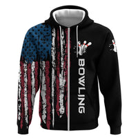 Distressed American Flag Zip Hoodie with Bowling Pins and Ball Vertical Stripe Design - Wonder Print Shop
