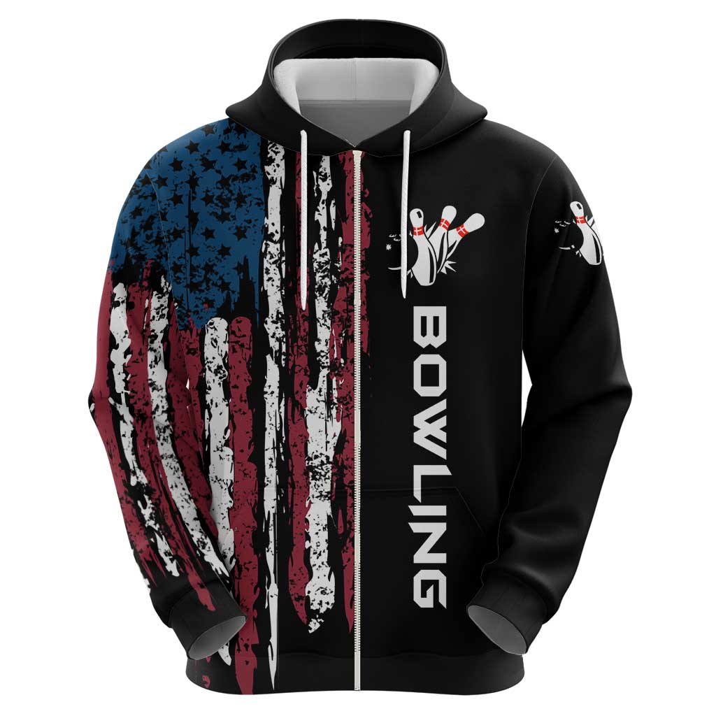 Distressed American Flag Zip Hoodie with Bowling Pins and Ball Vertical Stripe Design - Wonder Print Shop