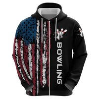 Distressed American Flag Zip Hoodie with Bowling Pins and Ball Vertical Stripe Design - Wonder Print Shop