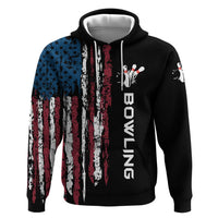 Distressed American Flag Zip Hoodie with Bowling Pins and Ball Vertical Stripe Design - Wonder Print Shop