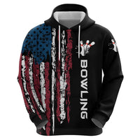 Distressed American Flag Zip Hoodie with Bowling Pins and Ball Vertical Stripe Design - Wonder Print Shop