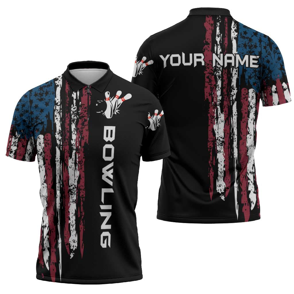 Distressed American Flag Zipper Polo Shirt with Bowling Pins and Ball Vertical Stripe Design - Wonder Print Shop