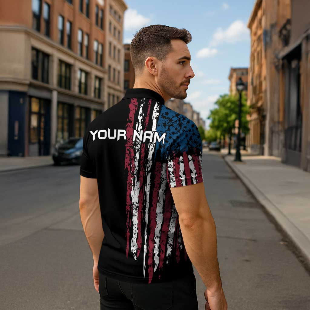 Distressed American Flag Zipper Polo Shirt with Bowling Pins and Ball Vertical Stripe Design - Wonder Print Shop