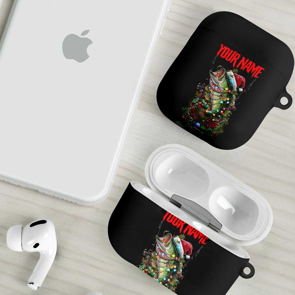 Custom Christmas Bass Fishing AirPods Case Santa Hat and Holiday Lights on Black Background - Wonder Print Shop