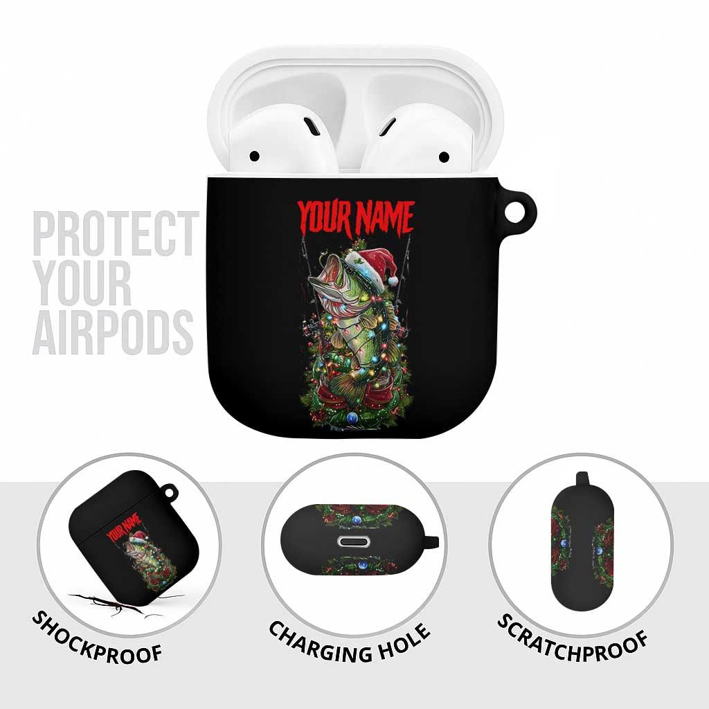 Custom Christmas Bass Fishing AirPods Case Santa Hat and Holiday Lights on Black Background - Wonder Print Shop