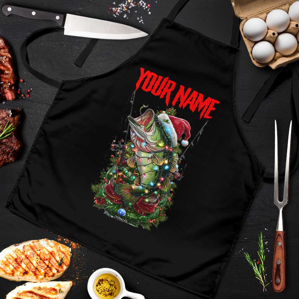 Custom Christmas Bass Fishing Apron Santa Hat and Holiday Lights on Black Background - Wonder Print Shop