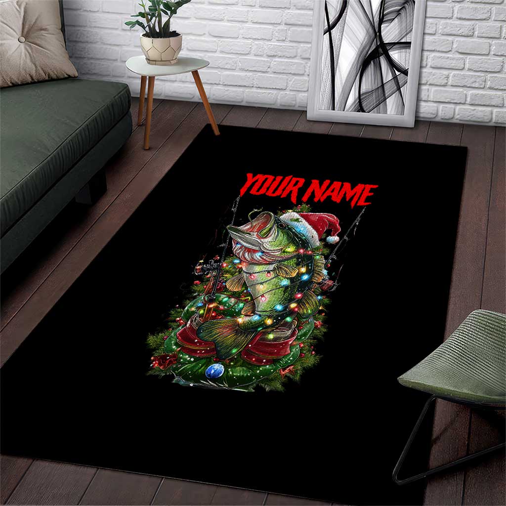 Custom Christmas Bass Fishing Area Rug Santa Hat and Holiday Lights on Black Background - Wonder Print Shop