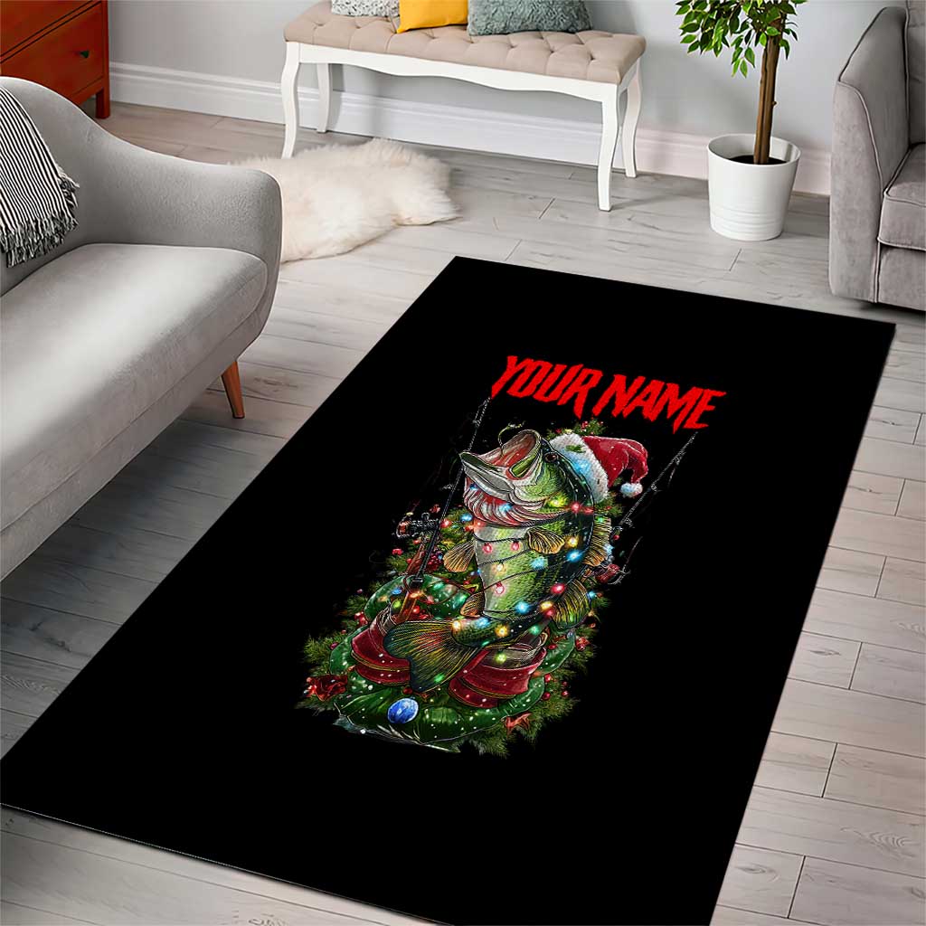 Custom Christmas Bass Fishing Area Rug Santa Hat and Holiday Lights on Black Background - Wonder Print Shop