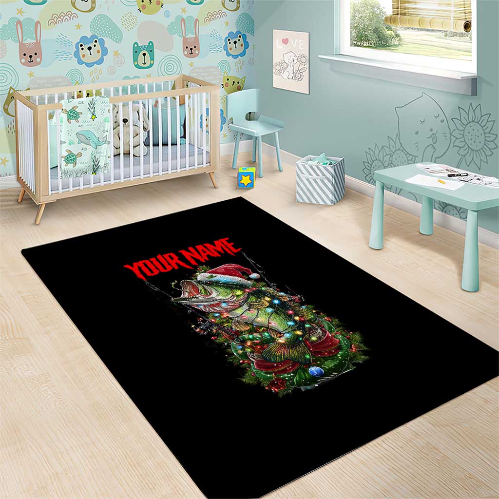 Custom Christmas Bass Fishing Area Rug Santa Hat and Holiday Lights on Black Background - Wonder Print Shop