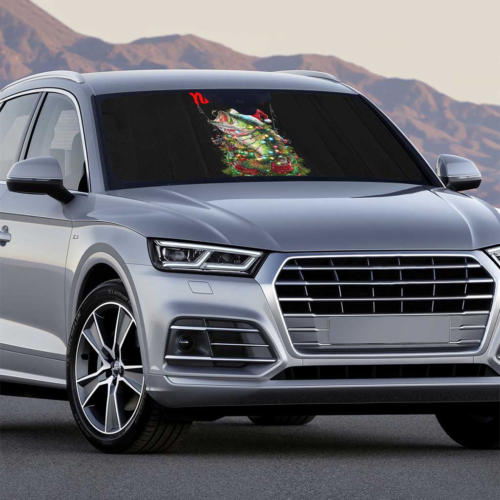 Custom Christmas Bass Fishing Auto Sun Shade Santa Hat and Holiday Lights on Black Background - Wonder Print Shop