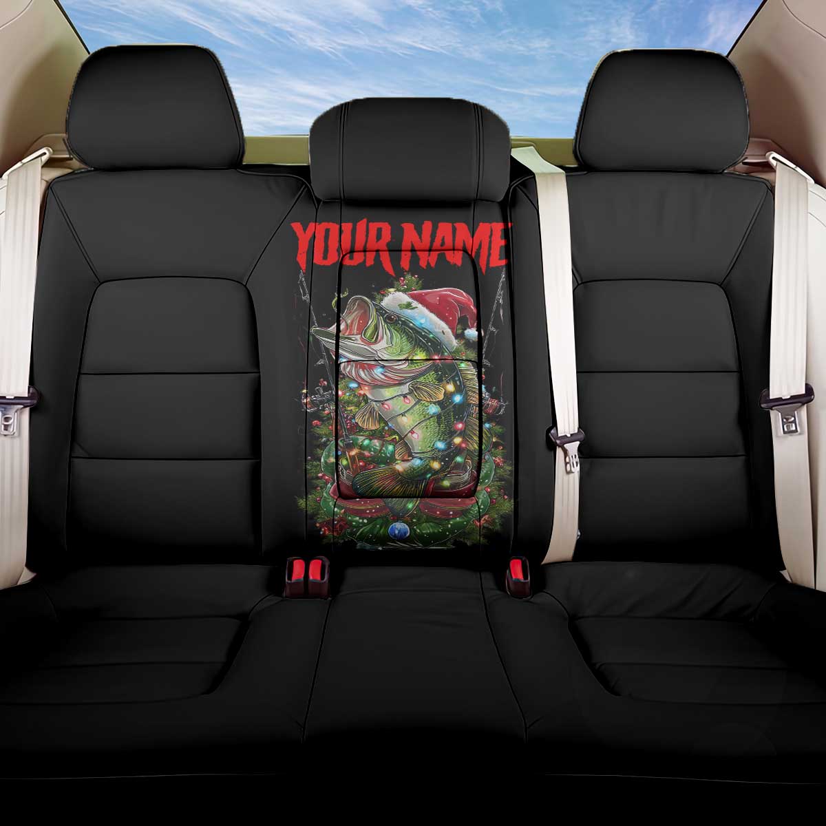 Custom Christmas Bass Fishing Back Car Seat Cover Santa Hat and Holiday Lights on Black Background - Wonder Print Shop