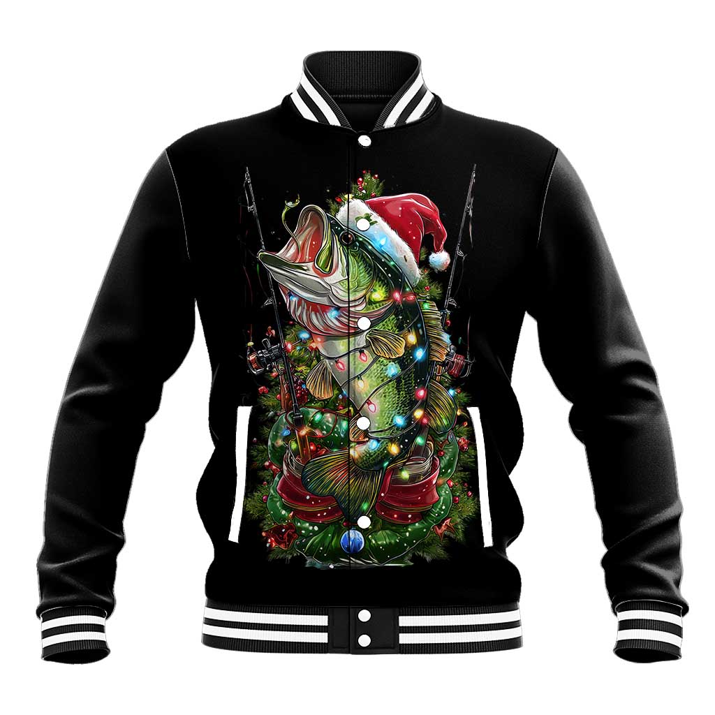 Custom Christmas Bass Fishing Baseball Jacket Santa Hat and Holiday Lights on Black Background - Wonder Print Shop