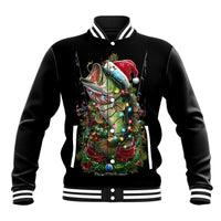 Custom Christmas Bass Fishing Baseball Jacket Santa Hat and Holiday Lights on Black Background - Wonder Print Shop
