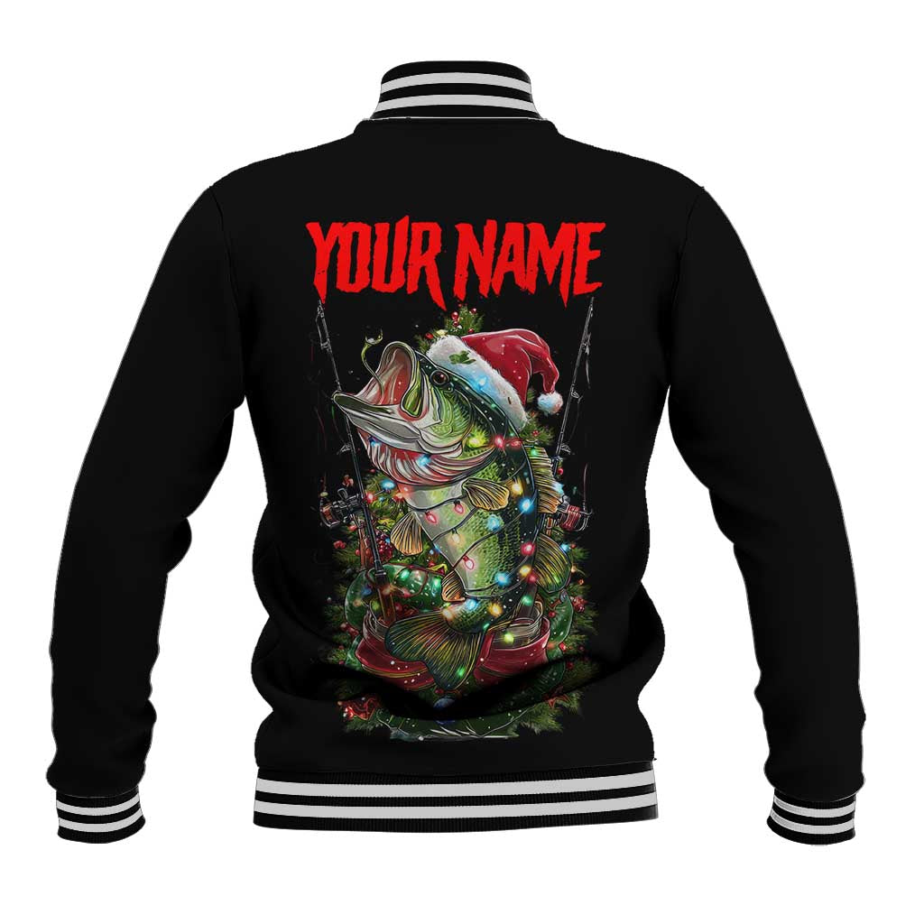 Custom Christmas Bass Fishing Baseball Jacket Santa Hat and Holiday Lights on Black Background - Wonder Print Shop