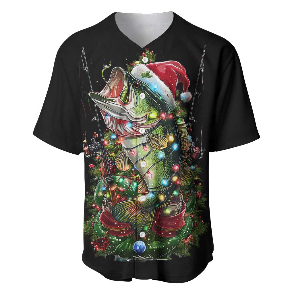Custom Christmas Bass Fishing Baseball Jersey Santa Hat and Holiday Lights on Black Background - Wonder Print Shop
