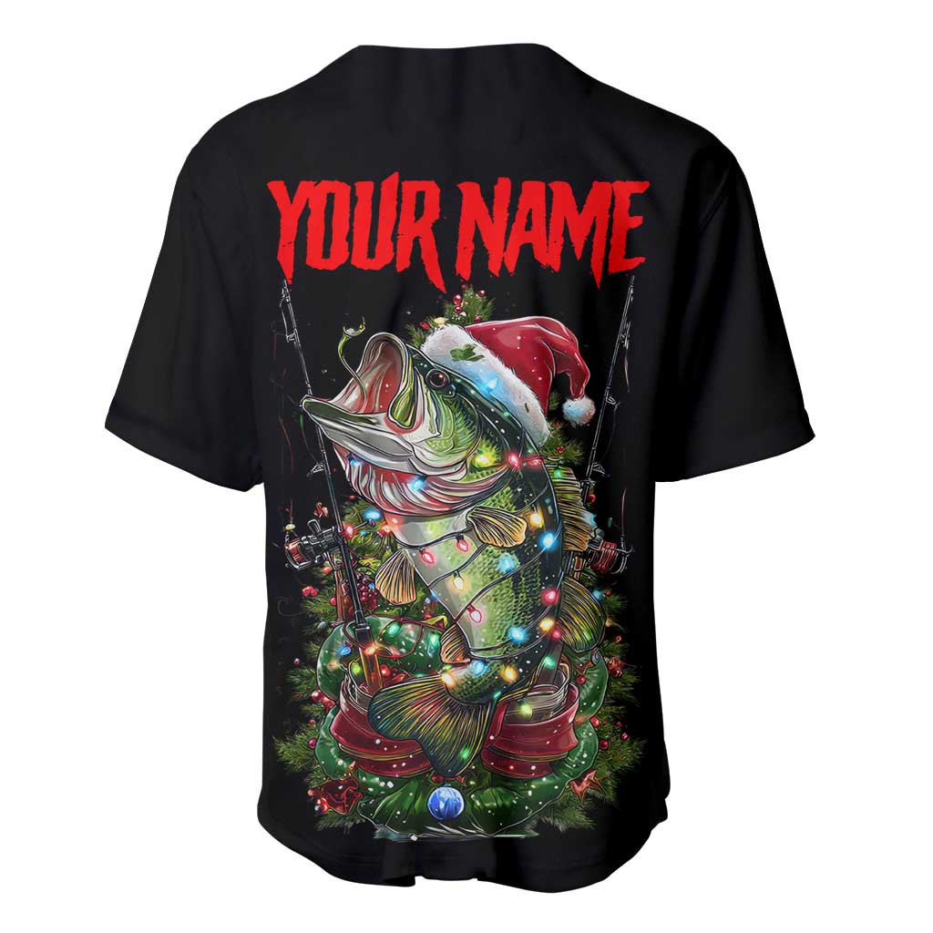 Custom Christmas Bass Fishing Baseball Jersey Santa Hat and Holiday Lights on Black Background - Wonder Print Shop