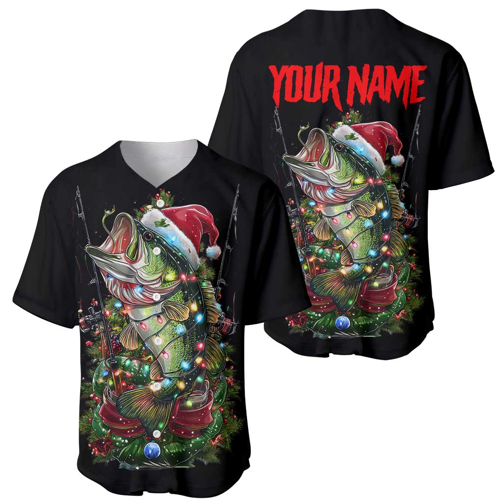Custom Christmas Bass Fishing Baseball Jersey Santa Hat and Holiday Lights on Black Background - Wonder Print Shop
