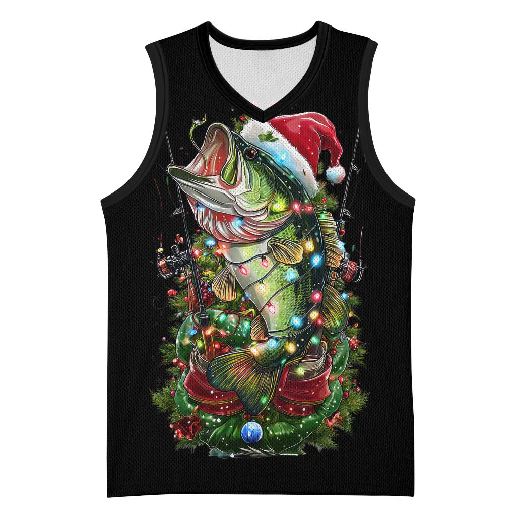 Custom Christmas Bass Fishing Basketball Jersey Santa Hat and Holiday Lights on Black Background - Wonder Print Shop