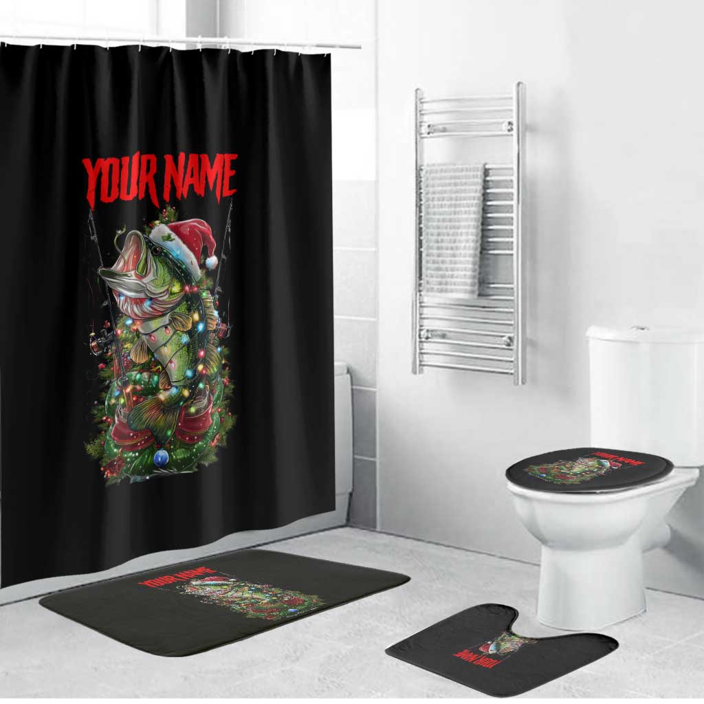 Custom Christmas Bass Fishing Bathroom Set Santa Hat and Holiday Lights on Black Background - Wonder Print Shop