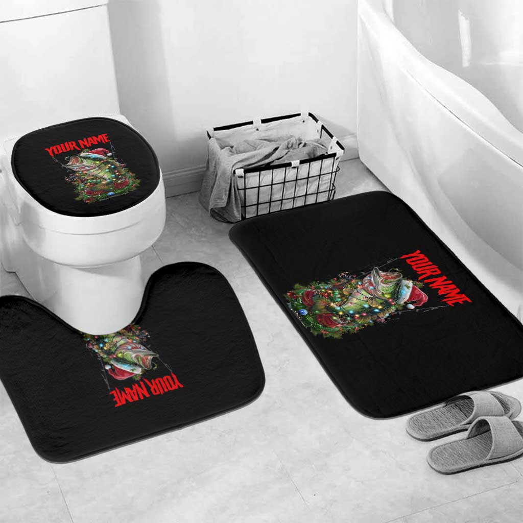 Custom Christmas Bass Fishing Bathroom Set Santa Hat and Holiday Lights on Black Background - Wonder Print Shop