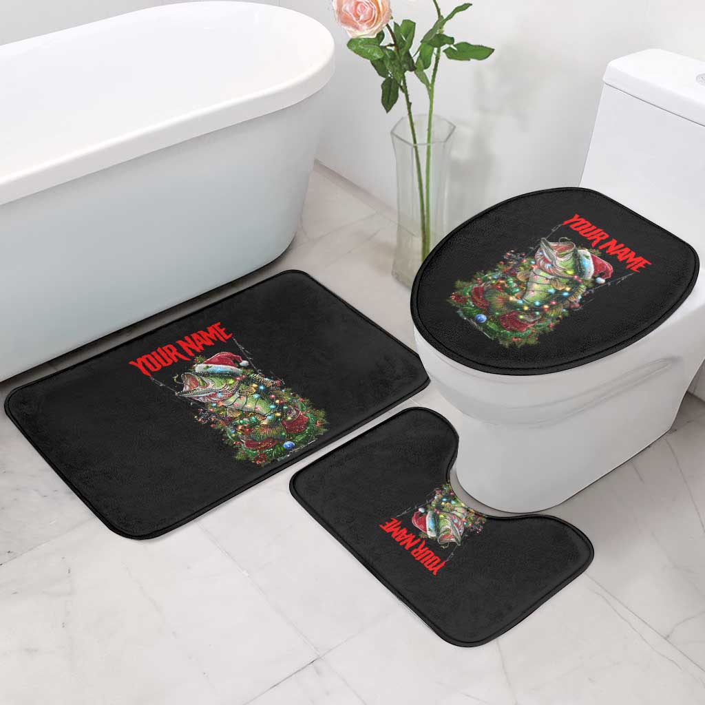 Custom Christmas Bass Fishing Bathroom Set Santa Hat and Holiday Lights on Black Background - Wonder Print Shop