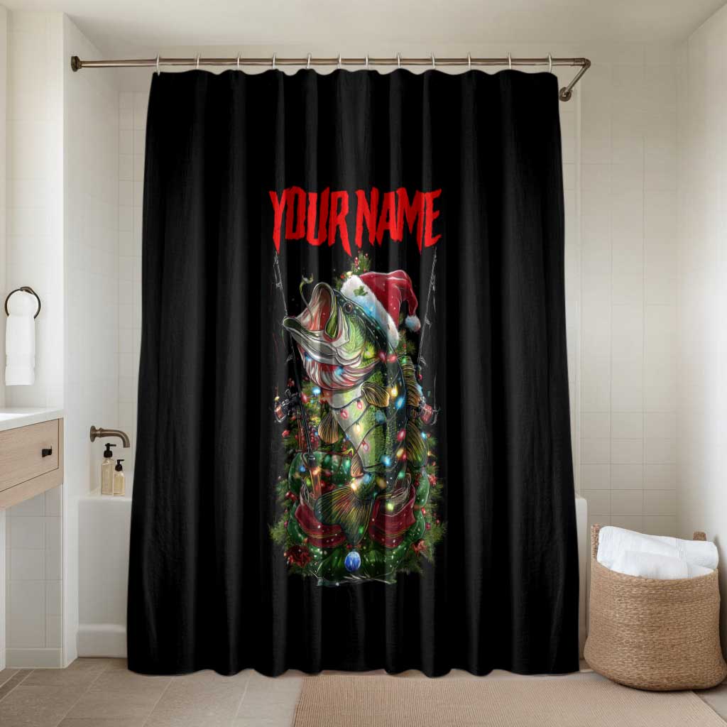 Custom Christmas Bass Fishing Bathroom Set Santa Hat and Holiday Lights on Black Background - Wonder Print Shop