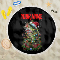 Custom Christmas Bass Fishing Beach Blanket Santa Hat and Holiday Lights on Black Background - Wonder Print Shop
