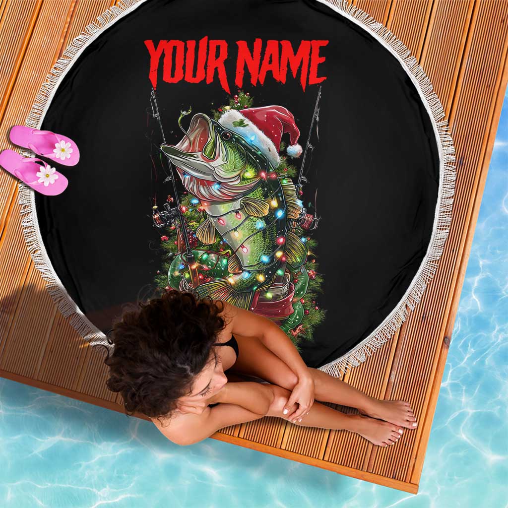 Custom Christmas Bass Fishing Beach Blanket Santa Hat and Holiday Lights on Black Background - Wonder Print Shop