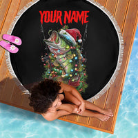 Custom Christmas Bass Fishing Beach Blanket Santa Hat and Holiday Lights on Black Background - Wonder Print Shop