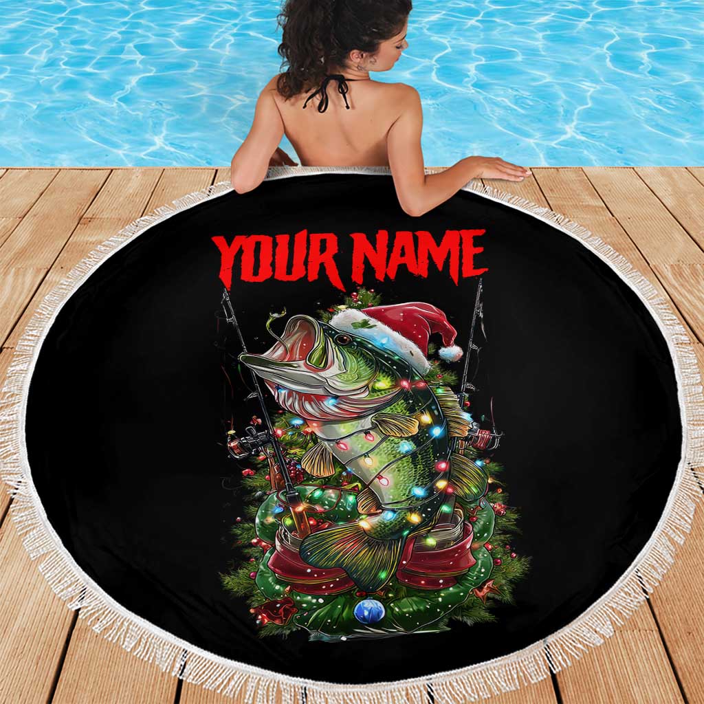 Custom Christmas Bass Fishing Beach Blanket Santa Hat and Holiday Lights on Black Background - Wonder Print Shop