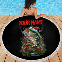 Custom Christmas Bass Fishing Beach Blanket Santa Hat and Holiday Lights on Black Background - Wonder Print Shop