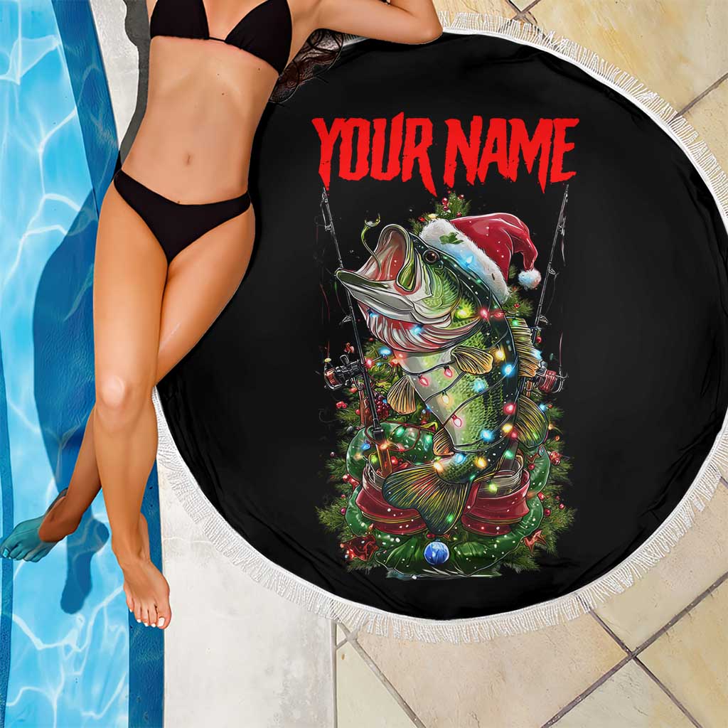 Custom Christmas Bass Fishing Beach Blanket Santa Hat and Holiday Lights on Black Background - Wonder Print Shop