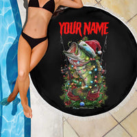 Custom Christmas Bass Fishing Beach Blanket Santa Hat and Holiday Lights on Black Background - Wonder Print Shop