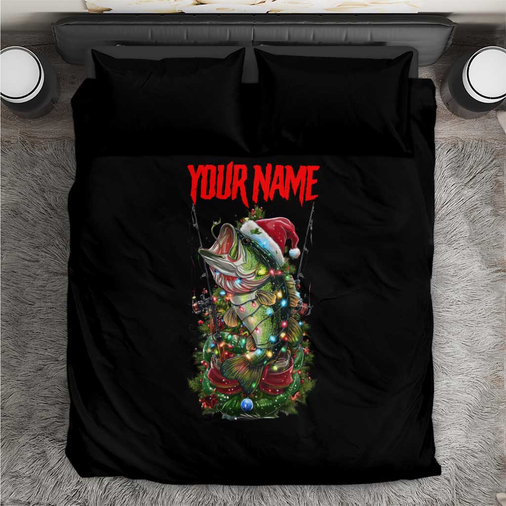 Custom Christmas Bass Fishing Bedding Set Santa Hat and Holiday Lights on Black Background - Wonder Print Shop
