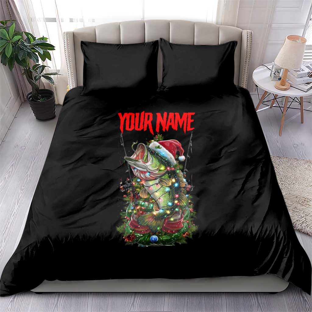 Custom Christmas Bass Fishing Bedding Set Santa Hat and Holiday Lights on Black Background - Wonder Print Shop