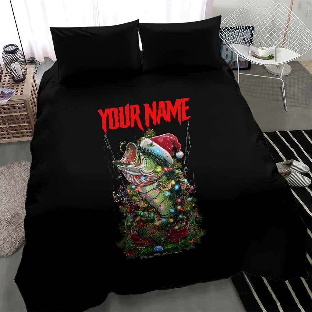 Custom Christmas Bass Fishing Bedding Set Santa Hat and Holiday Lights on Black Background - Wonder Print Shop